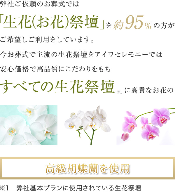 弊社ご依頼のお葬式では「生花(お花)祭壇」を約95%の方がご希望しご利用をしています。今お葬式で主流の生花祭壇をアイワセレモニーでは安心価格で高品質にこだわりをもちすべての生花祭壇に高貴なお花の高級胡蝶蘭を使用