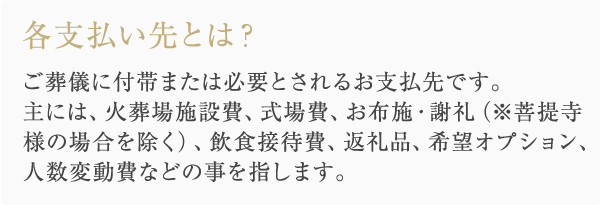 各支払い先とは？ ご葬儀に付帯または必要とされるお支払先です。主には、火葬場施設費、式場費、お布施・謝礼（※菩提寺様の場合を除く）、飲食接待費、返礼品、希望オプション、人数変動費などの事を指します。