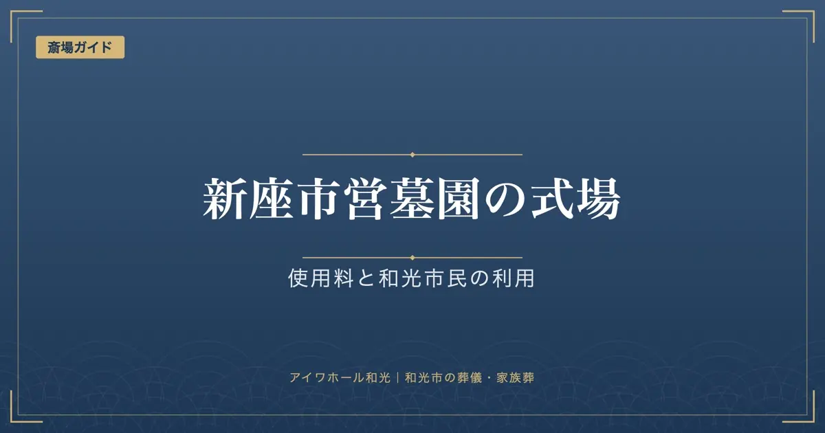 「新座市営墓園の式場」「使用料と和光市民の利用」と書かれた紺色の見出し画像