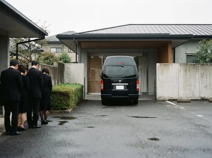 霊柩車で火葬場へ向かうご出棺の場面