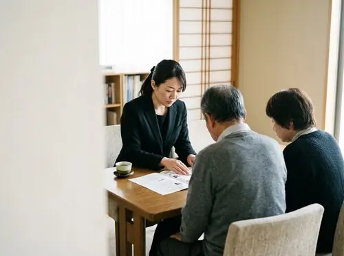 スタッフがご家族に書類を説明している打ち合わせの様子