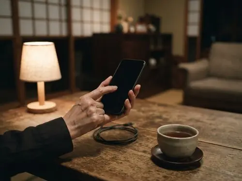 夜、自宅でスマートフォンを手に取る手元