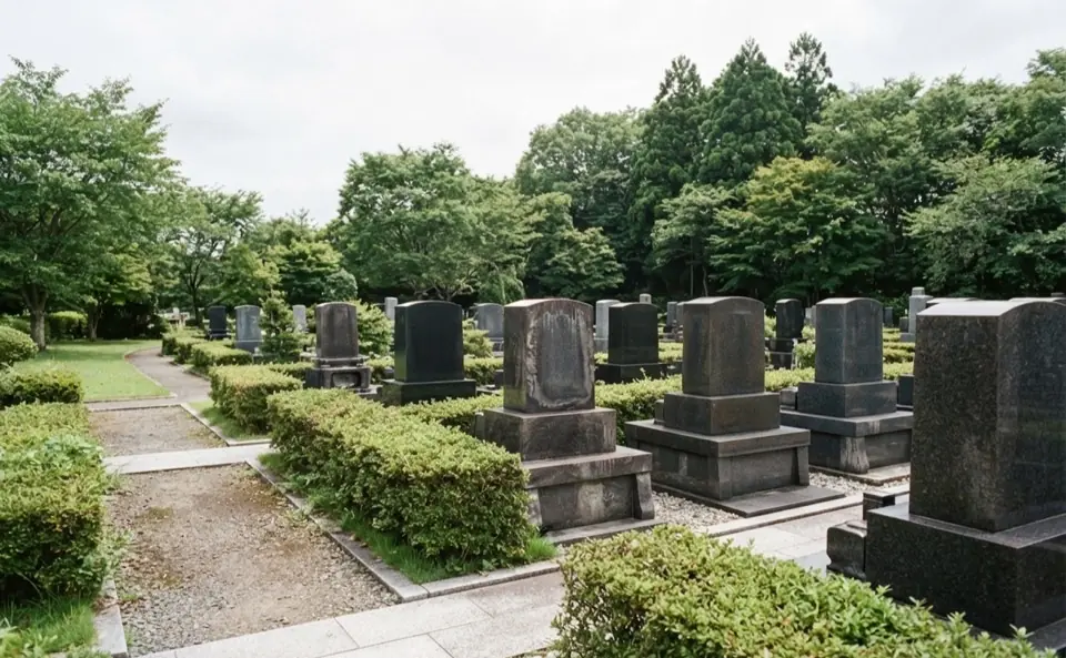 樹木に囲まれた霊園に並ぶ墓石