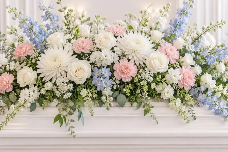 白とやわらかな色合いの花でつくった花祭壇