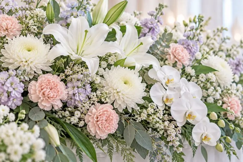 白とやわらかな色合いの花でつくった花祭壇
