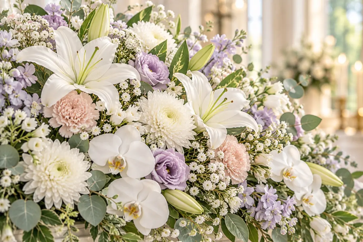白とやわらかな色合いの花でつくった花祭壇