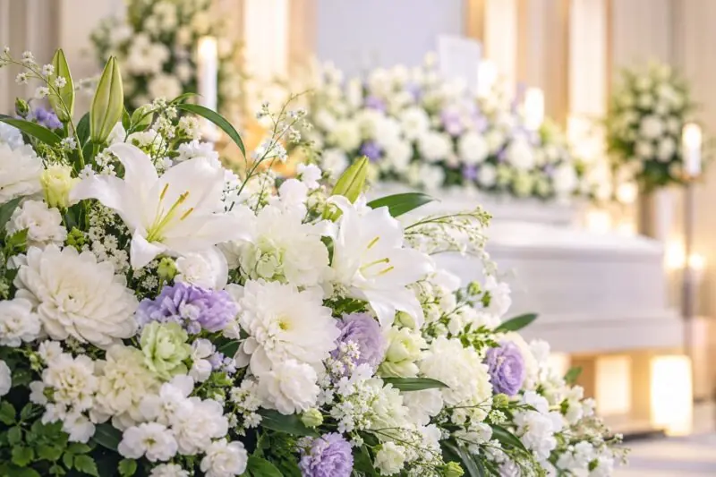 白とやわらかな色合いの花でつくった花祭壇