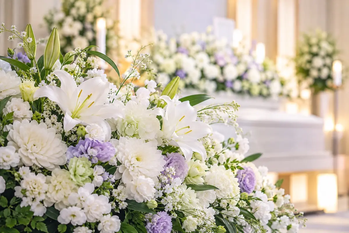 白とやわらかな色合いの花でつくった花祭壇