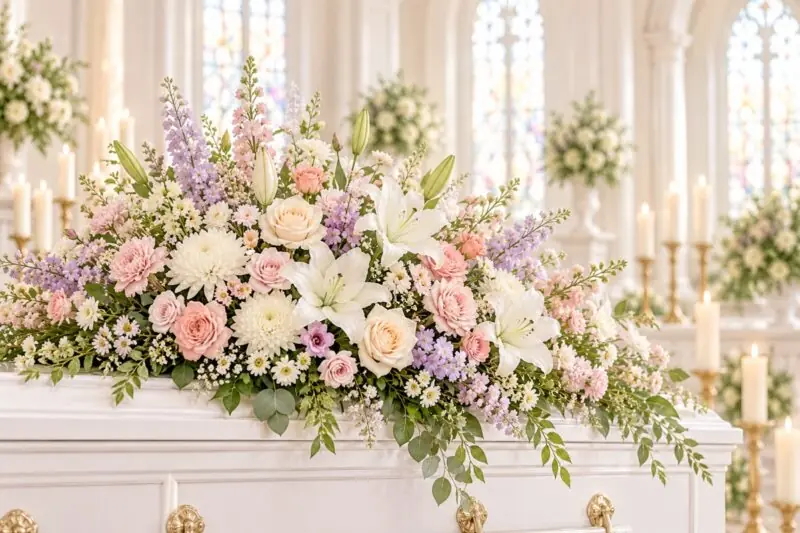 お別れの場に飾ったユリや菊などの供花