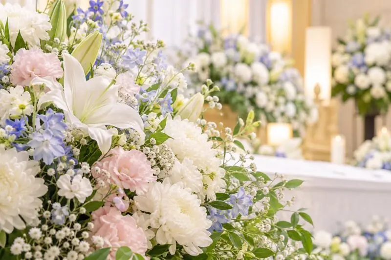 白とやわらかな色合いの花でつくった花祭壇