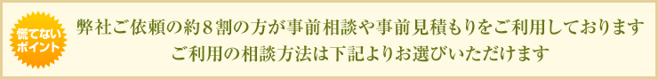 弊社ご依頼の約８割の方が事前相談や事前見積もりをご利用しております ご利用の相談方法は下記よりお選びいただけます