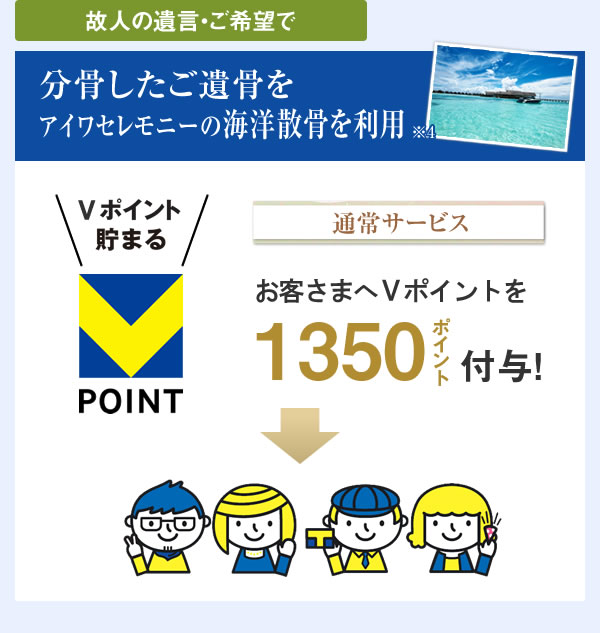 故人の遺言・ご希望で分骨したご遺骨を アイワセレモニーの海洋散骨を利用 通常サービス お客さまへVポイントを1350ポイント付与!