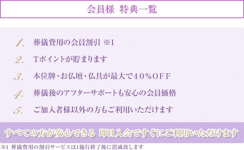 会員様 特典一覧 1.葬儀費用の会員割引※葬儀費用の割引サービスは1施行終了後に消滅致します 2.Tポイントが貯まります 3.他社の積立金も無駄にしません 4.本位牌・お仏壇・仏具が最大で４０％ＯＦＦ 5.葬儀後のアフターサポートも安心の会員価格 6.ご加入者様以外の方もご利用いただけます 即日入会ですぐにご利用いただけます